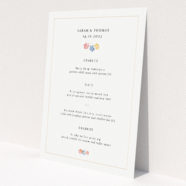 Charming Paris Floral Wedding Menu Template with Delicate Hand-drawn Bouquets. This image shows the front and back sides together