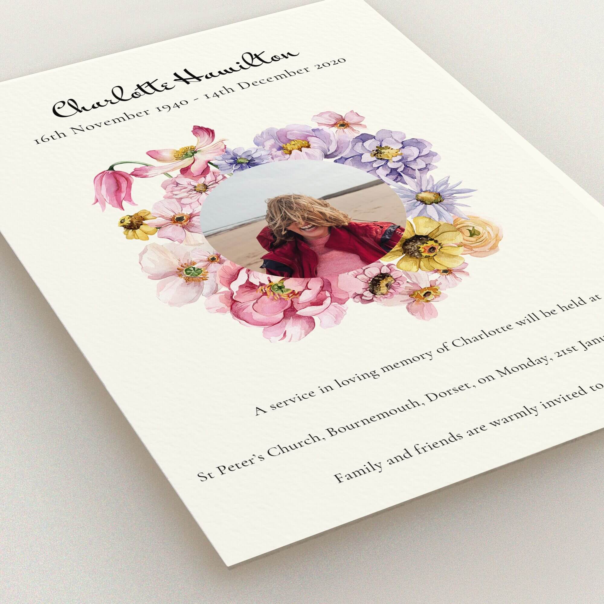 Floral funeral announcement design with one photo for memorial service.