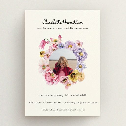 Floral funeral announcement design with one photo for memorial service.