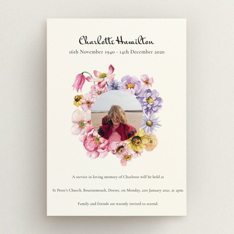 Floral funeral announcement design with one photo for memorial service.