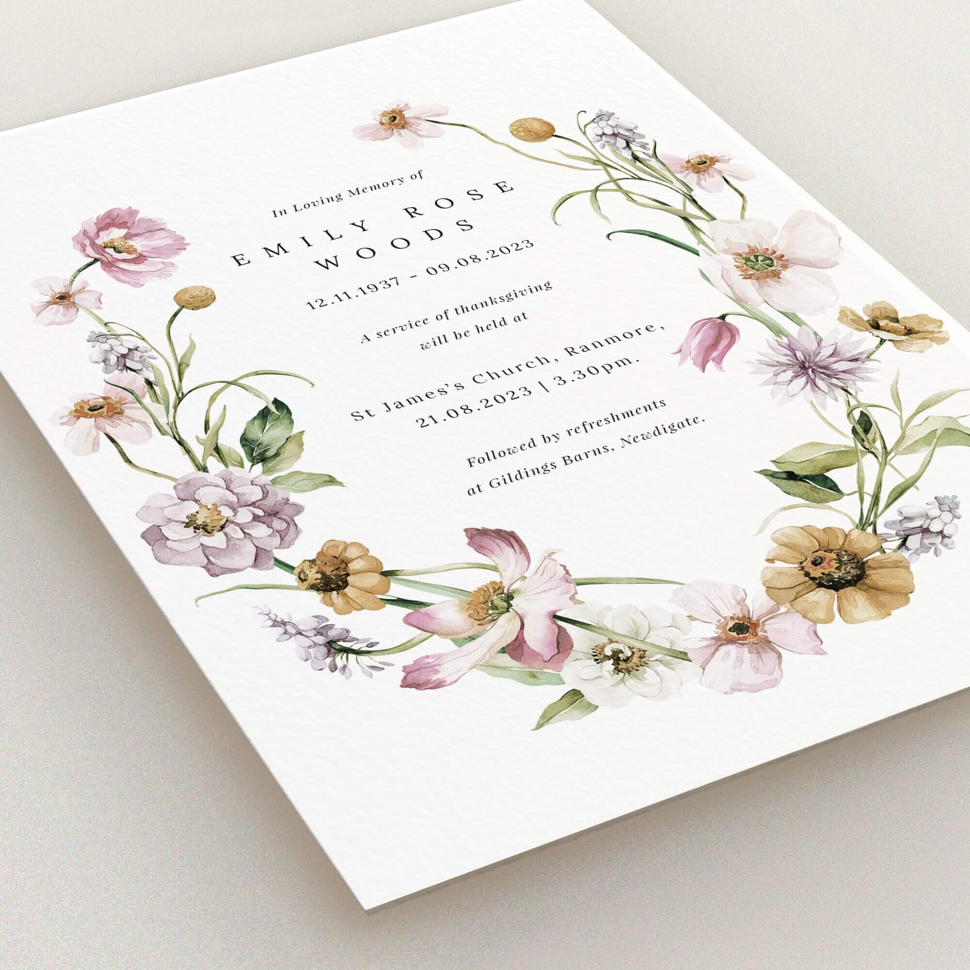 Funeral announcement card with floral design and no photos