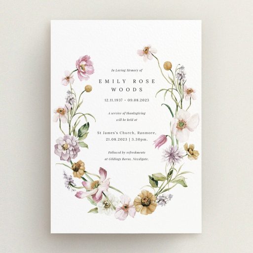 Funeral announcement card with floral design and no photos