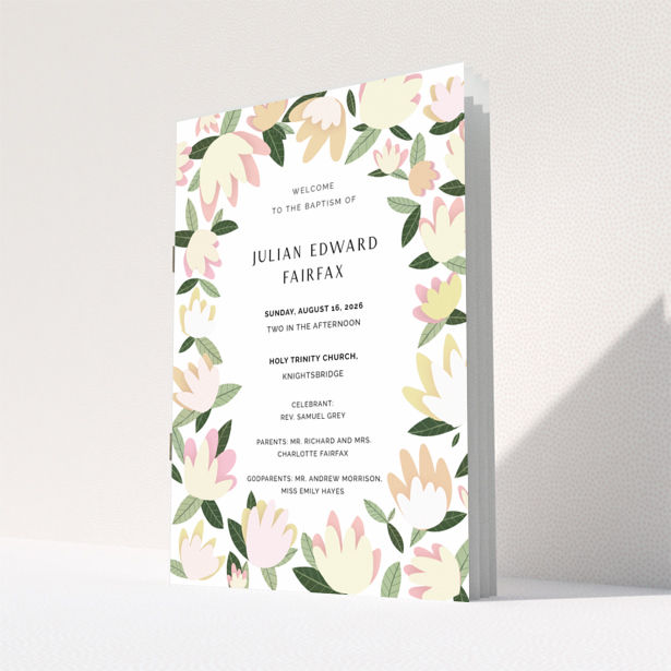 Back cover design of "Portrait" christening order of service program with one small flower illustration at the bottom and no photos