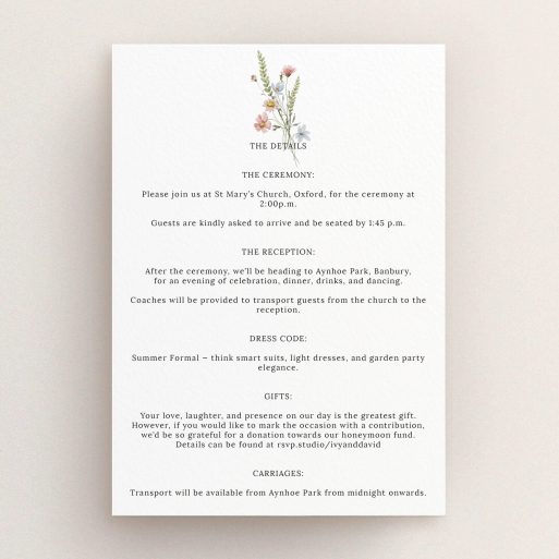 Wedding invitation details card with floral illustration, one image present.