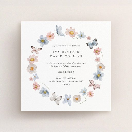 Floral wreath design engagement party invitations with butterfly and flower illustrations.