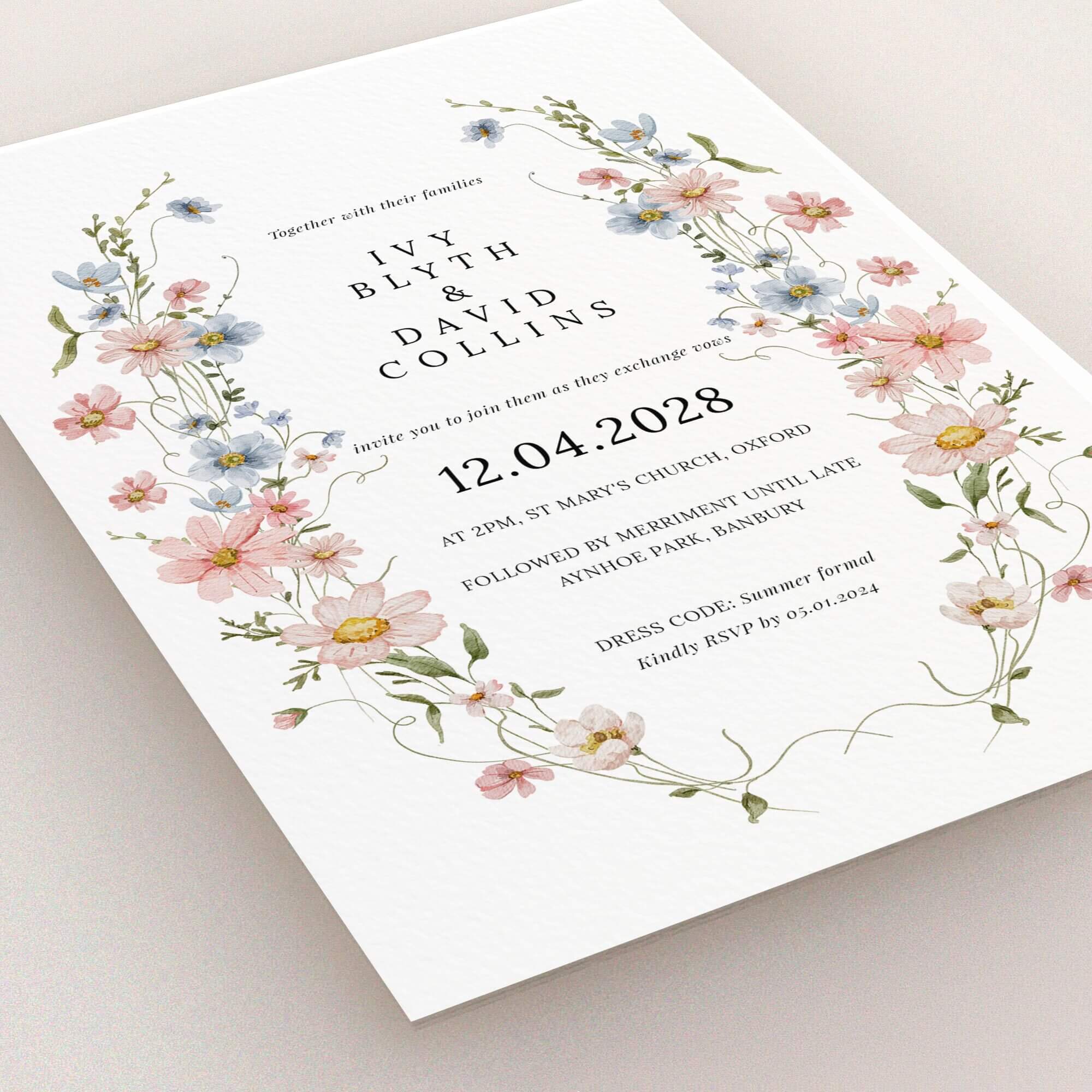 Floral wedding invitation design with elegant typography and detailed illustrations, no photos included.