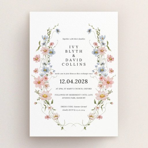 Floral wedding invitation design with elegant typography and detailed illustrations, no photos included.