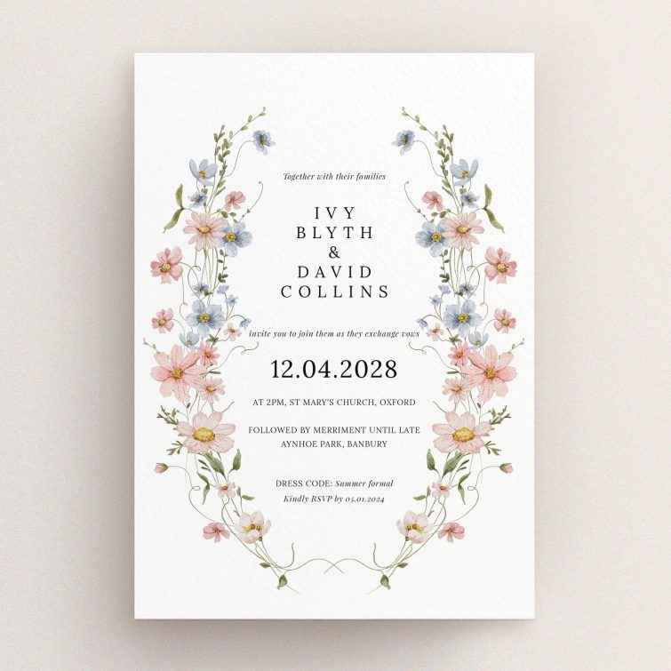 Floral wedding invitation design with elegant typography and detailed illustrations, no photos included.