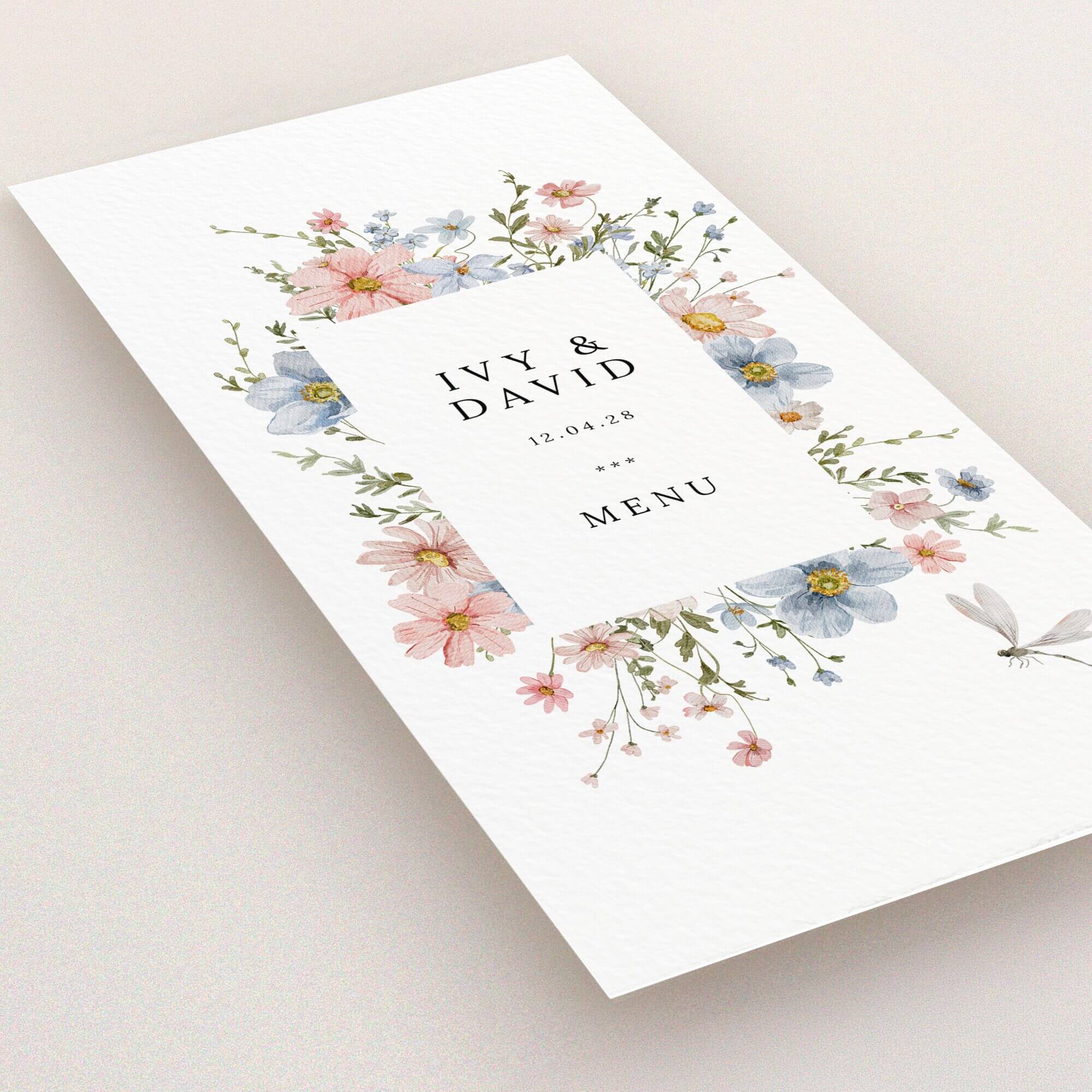 Floral wedding menu card design with botanical illustrations and elegant typography.