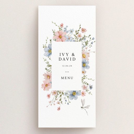 Floral wedding menu card design with botanical illustrations and elegant typography.