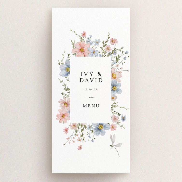 Floral wedding menu card design with botanical illustrations and elegant typography.