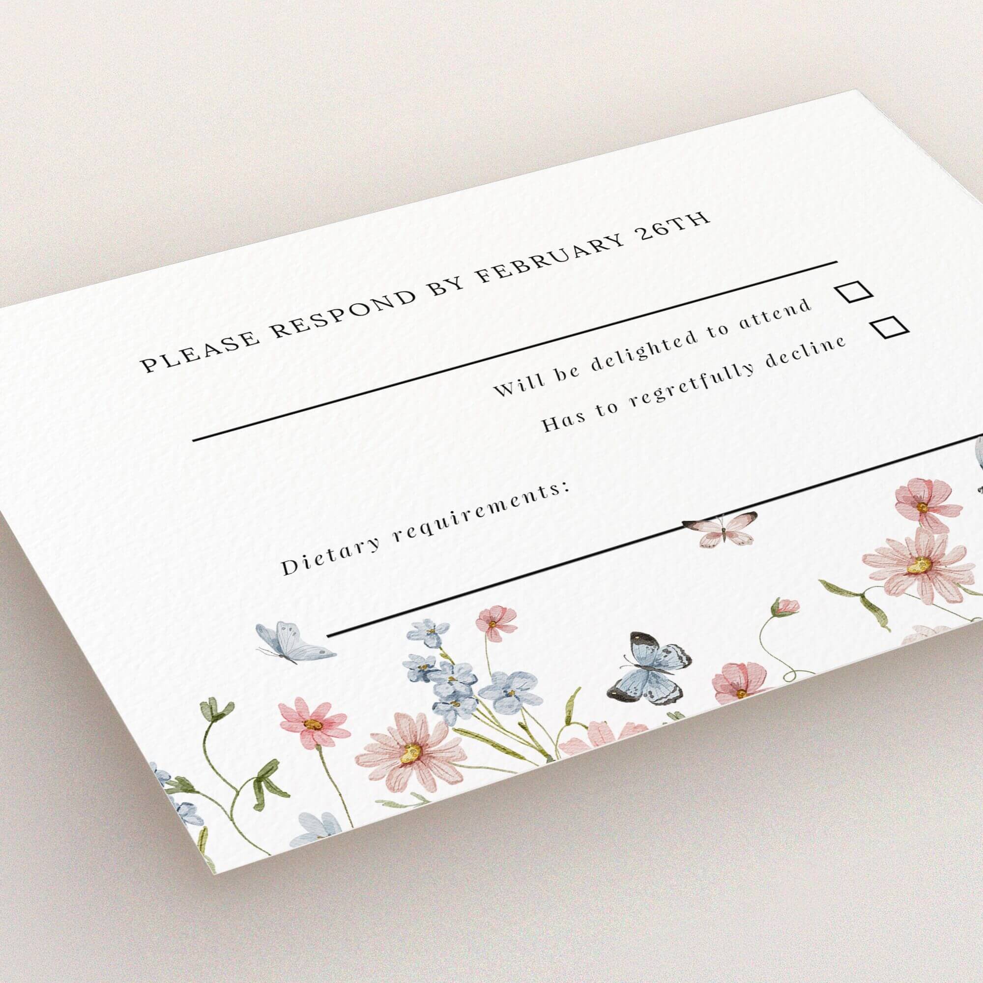 Floral wedding RSVP card design with delicate flower illustrations and two butterfly images.