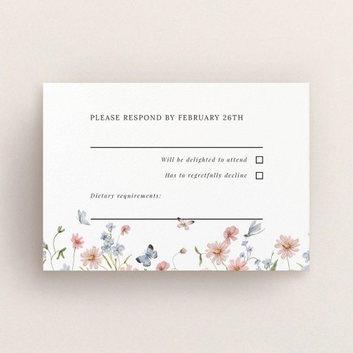 Floral wedding RSVP card design with delicate flower illustrations and two butterfly images.