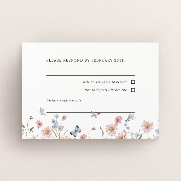 Floral wedding RSVP card design with delicate flower illustrations and two butterfly images.