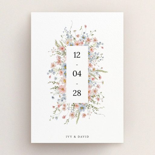 Floral wedding save the date card design with botanical accents, featuring zero photos.