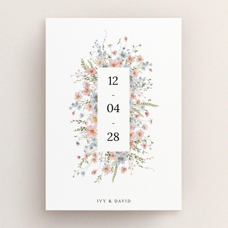 Floral wedding save the date card design with botanical accents, featuring zero photos.
