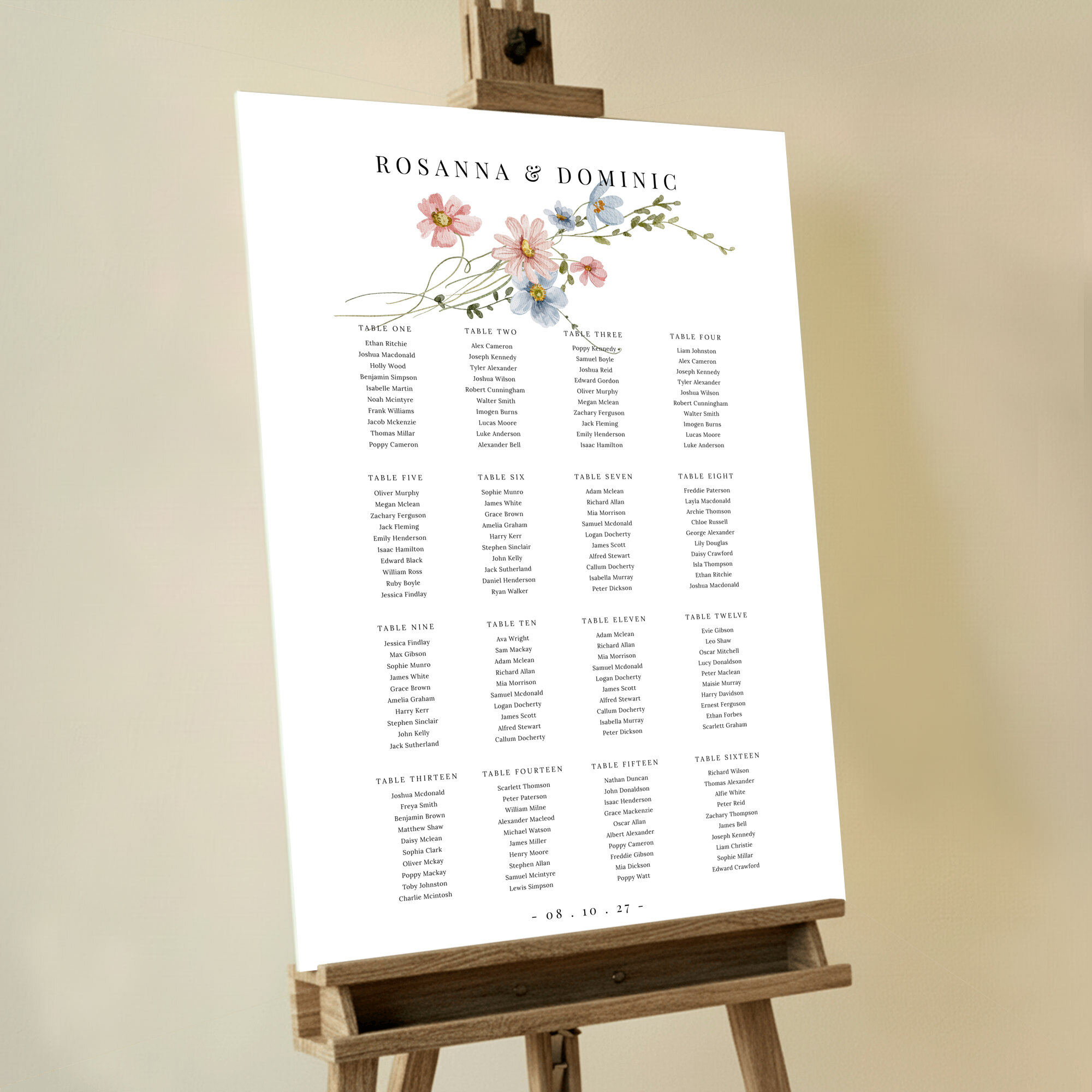 Floral wedding table plan design with sixteen tables and no photos. This one shows 16 tables.