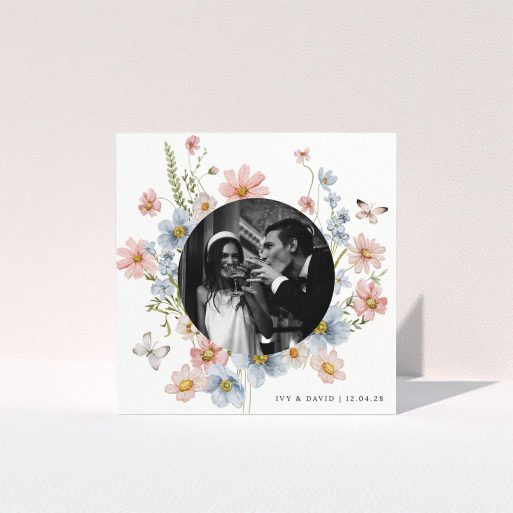 Floral Wedding Thank You Floral wedding thank you card design with one photo of a couple celebrating