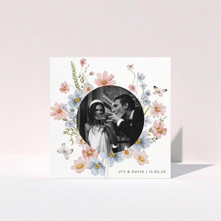 Floral wedding thank you card design with one photo of a couple celebrating