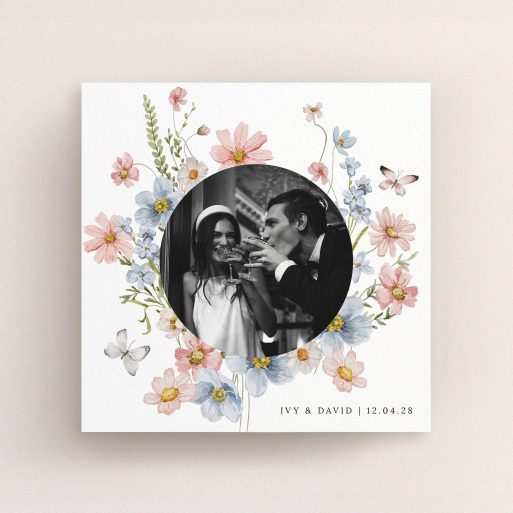 Floral wedding thank you card design with one photo of a couple celebrating