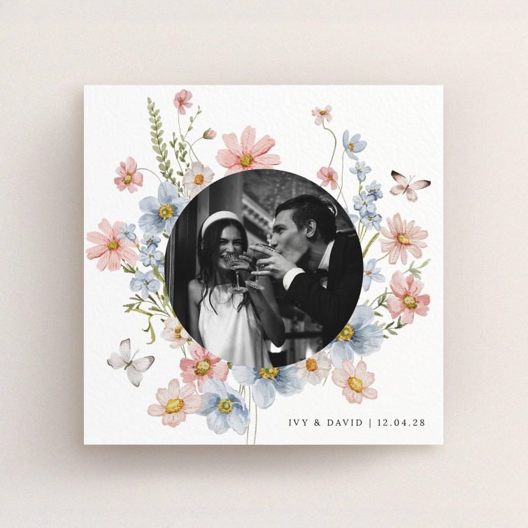 Floral wedding thank you card design with one photo of a couple celebrating