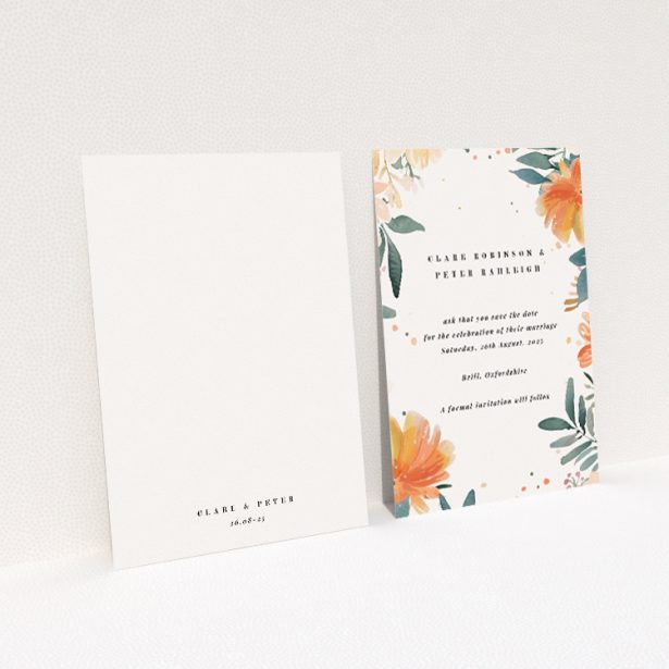 Pastel Botanical Elegance Save the Date card - A6 portrait-oriented design with soft pastel floral illustrations in coral and peach hues on a neutral background, epitomizing refined subtlety for a momentous occasion This is a view of the back