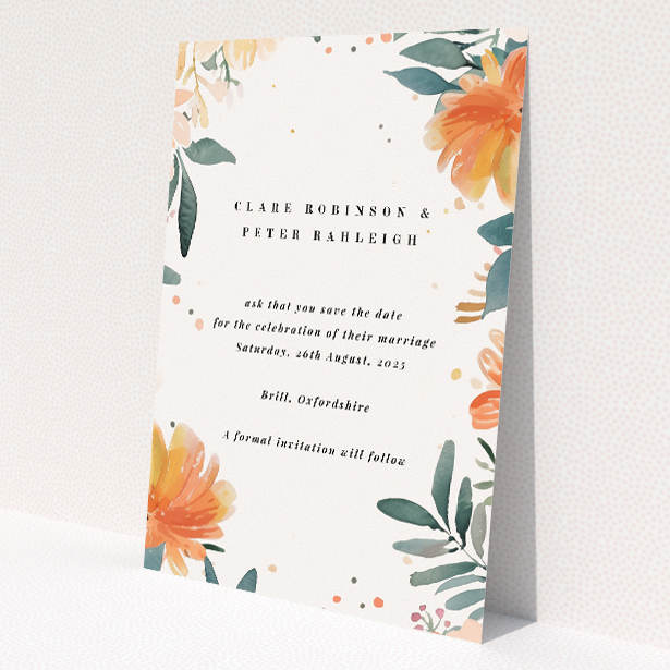 Pastel Botanical Elegance Save the Date card - A6 portrait-oriented design with soft pastel floral illustrations in coral and peach hues on a neutral background, epitomizing refined subtlety for a momentous occasion This is a view of the back