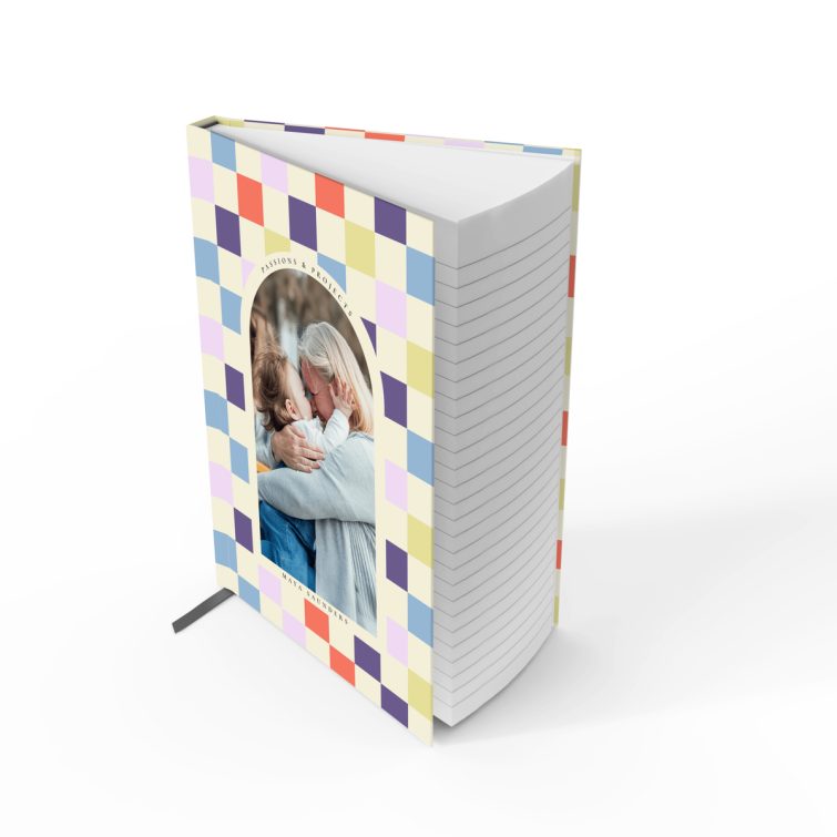 Colourful personalised notebook cover design with grid pattern, featuring one photo placeholder on the front cover.