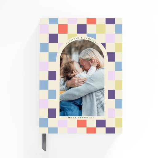 Colourful personalised notebook cover design with grid pattern, featuring one photo placeholder on the front cover.