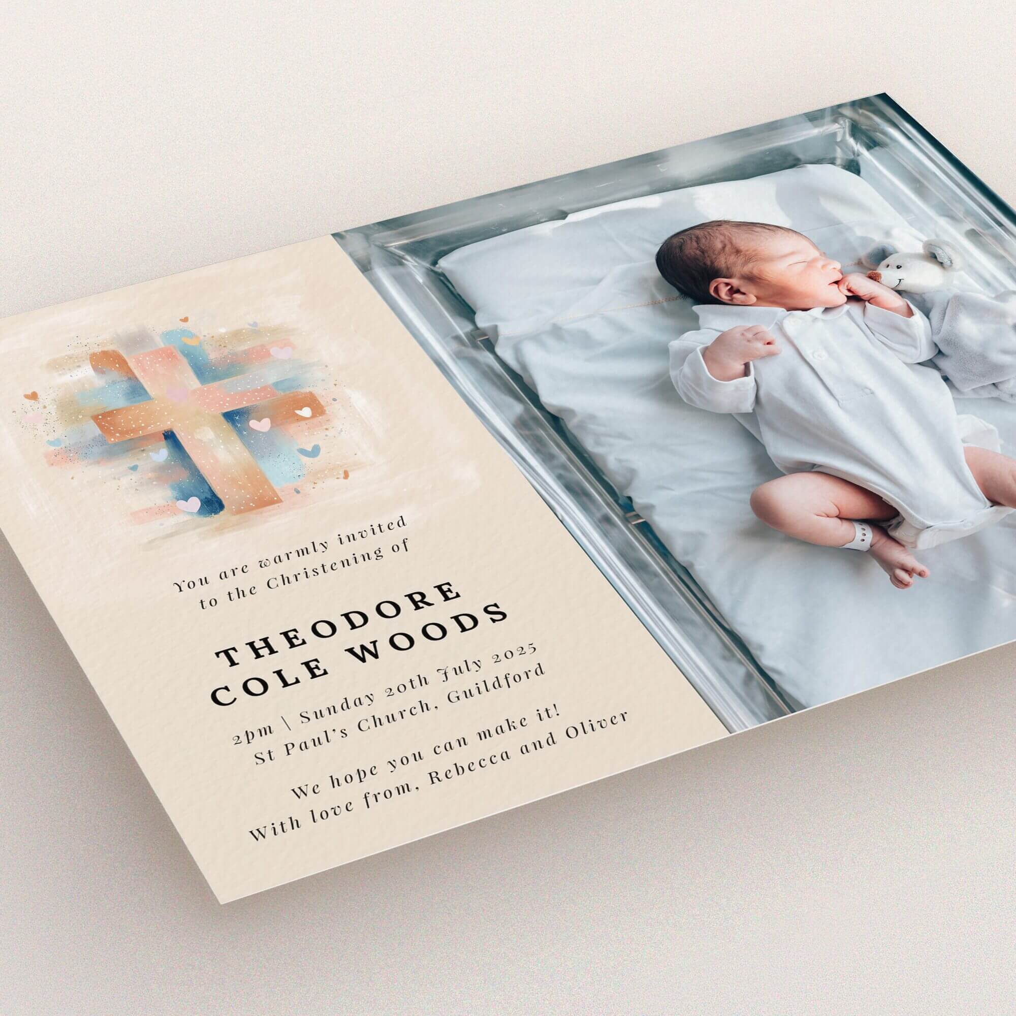 Christening invitation design featuring a cross illustration and one photo of a newborn baby.