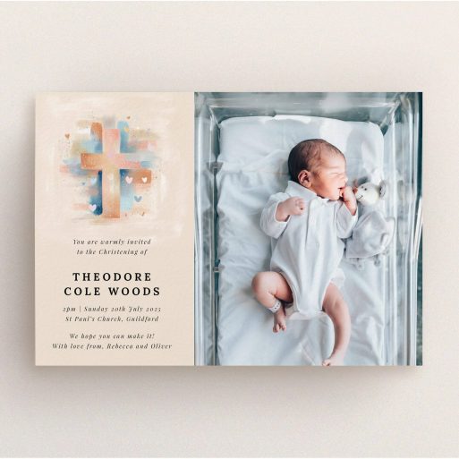 Christening Invitation Design Christening invitation design featuring a cross illustration and one photo of a newborn baby.