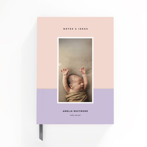 Pastel design with one photo featured on personalised portrait notebook cover by Utterly Printable.