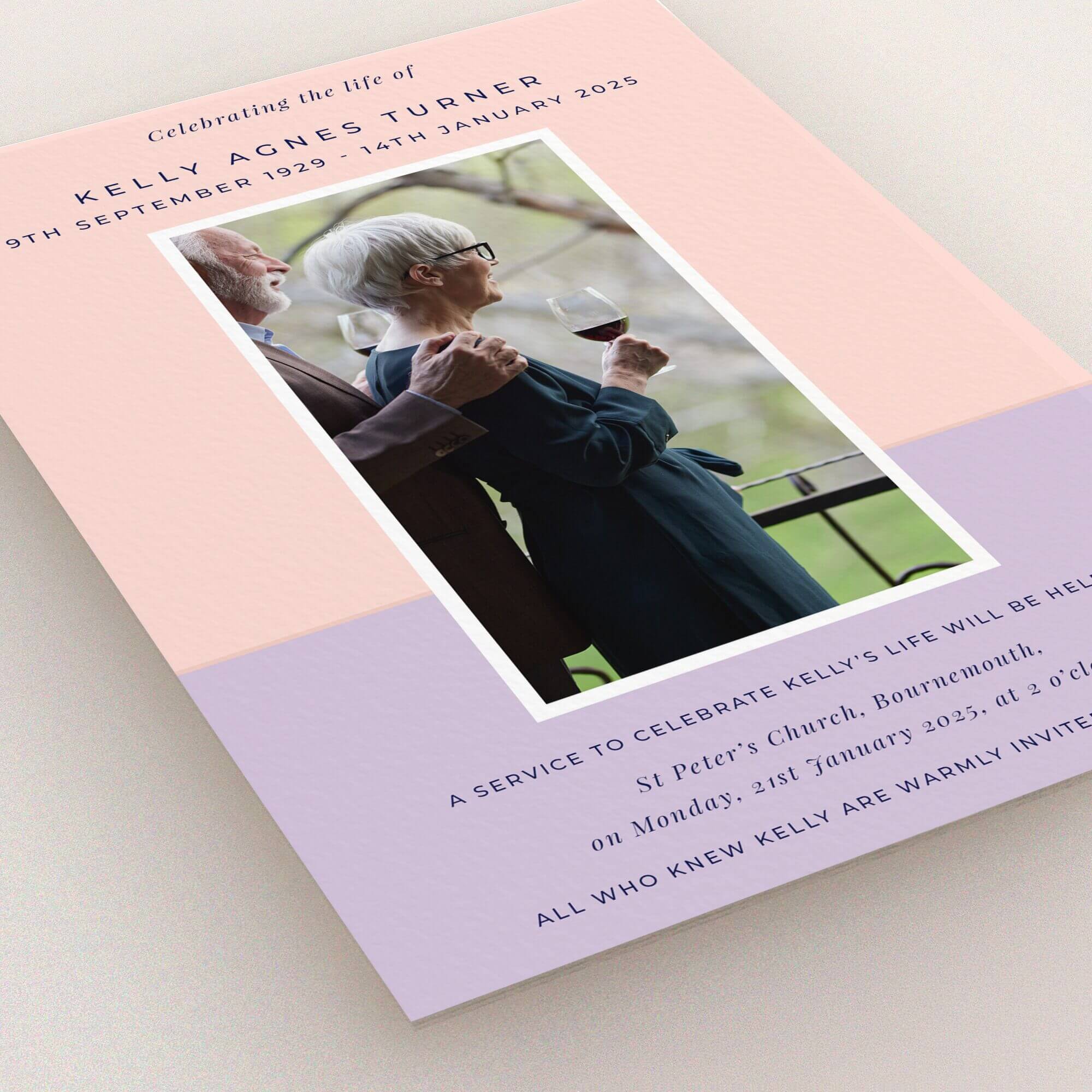 Funeral announcement design with one photo of a couple holding wine glasses.