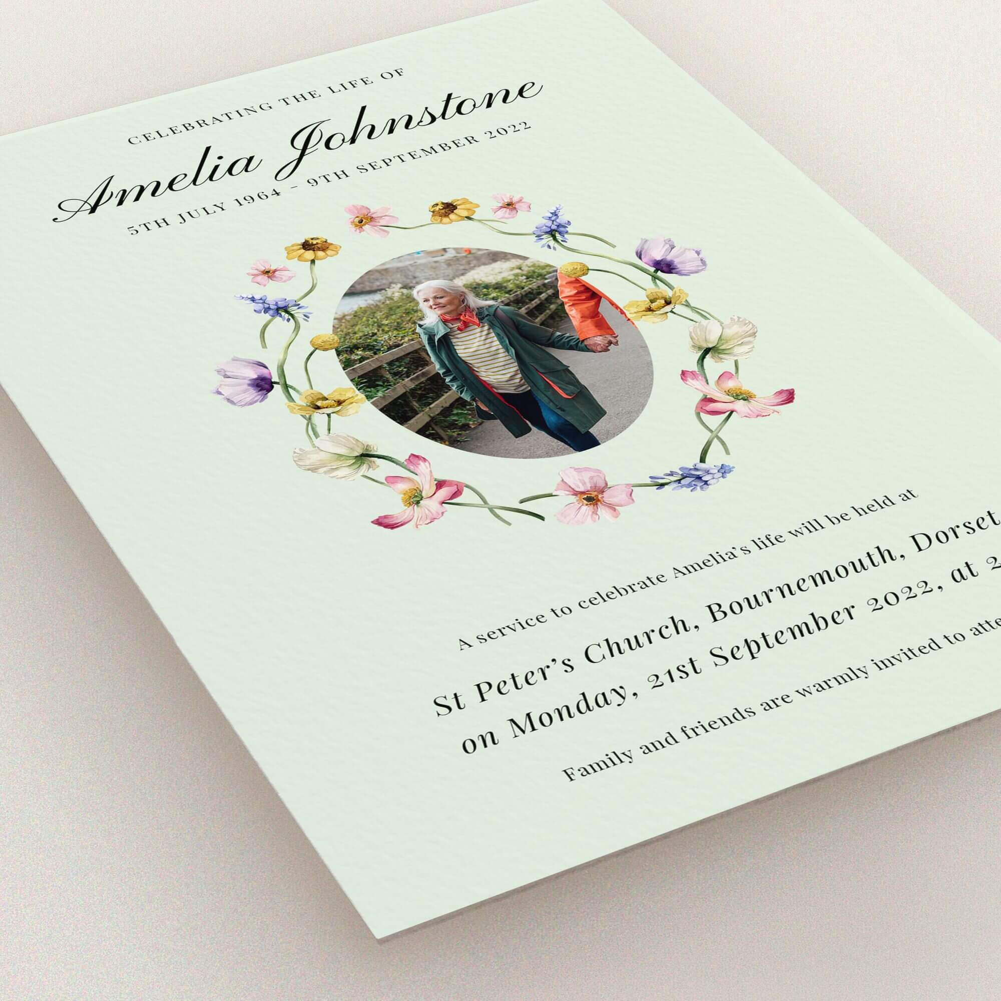 Floral funeral announcement design with one photo placeholder for personalised tribute.