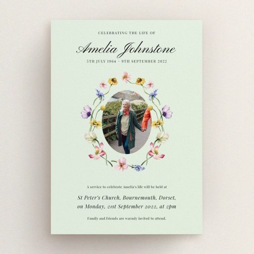 Floral funeral announcement design with one photo placeholder for personalised tribute.