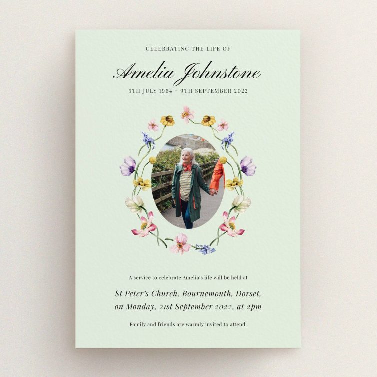 Floral funeral announcement design with one photo placeholder for personalised tribute.