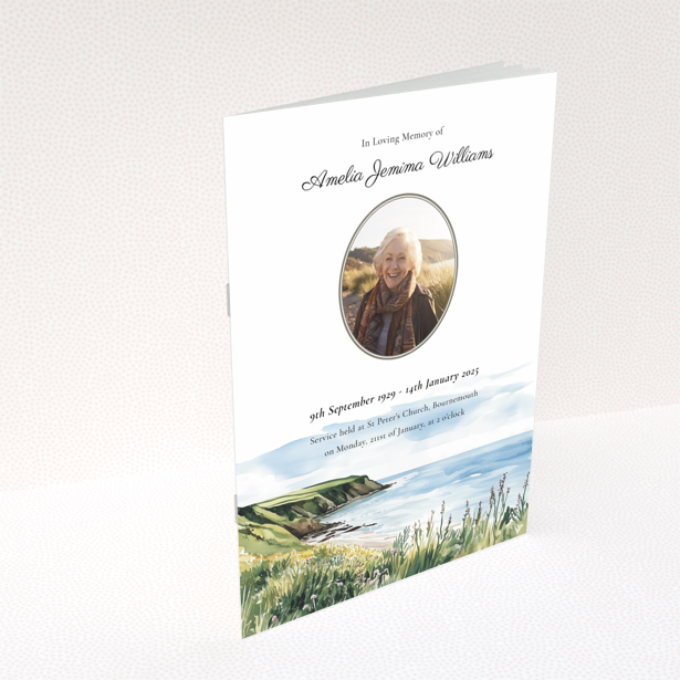 Funeral order of service program back cover design with one landscape photo, named Portrait.