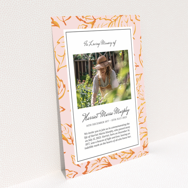 Funeral announcement reverse side design with floral border and detailed service information with one photo, Portrait