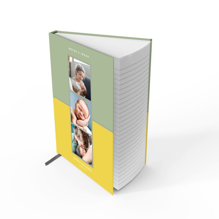 Custom notebook cover design with three photos, featuring personalised options for notes and ideas.