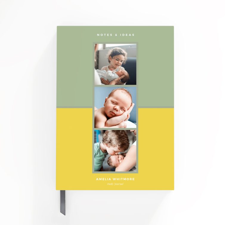 Custom notebook cover design with three photos, featuring personalised options for notes and ideas.