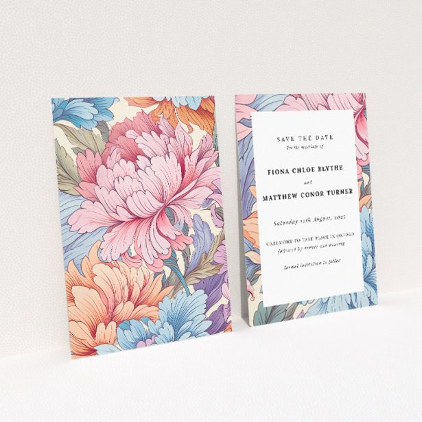 Pastel Petals Frame Save the Date Card - Delicate floral border in soft pastels of blues, pinks, and lilacs surrounding central text. Portrait orientation for elegant presentation with ample white space This is a view of the back