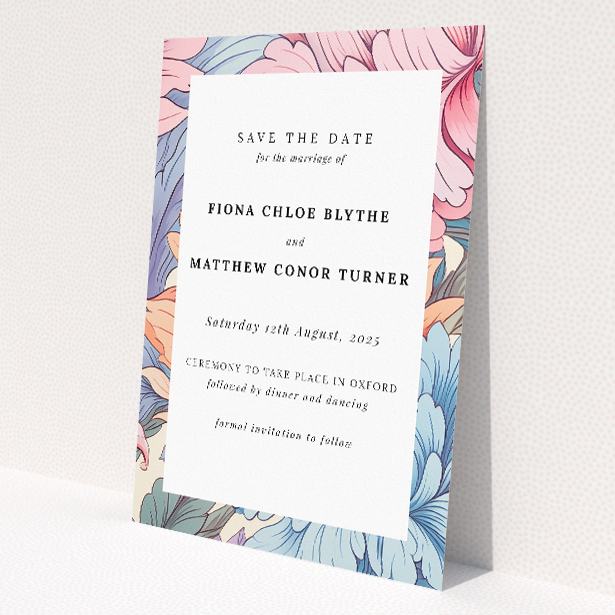 Pastel Petals Frame Save the Date Card - Delicate floral border in soft pastels of blues, pinks, and lilacs surrounding central text. Portrait orientation for elegant presentation with ample white space This is a view of the front