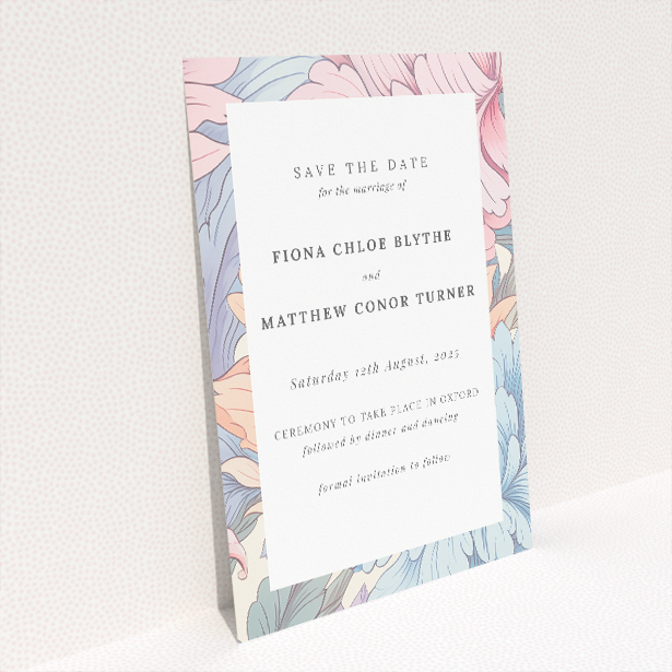 Pastel Petals Frame Save the Date Card - Delicate floral border in soft pastels of blues, pinks, and lilacs surrounding central text. Portrait orientation for elegant presentation with ample white space This is a view of the back