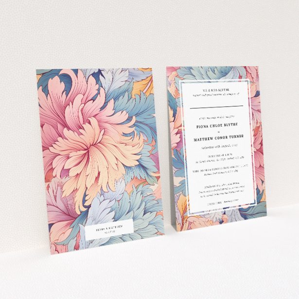 Pastel Petals Frame wedding invitation with hand-painted floral pattern in blush pinks and serene blues, framed by a navy border, perfect for a classic and romantic wedding This image shows the front and back sides together