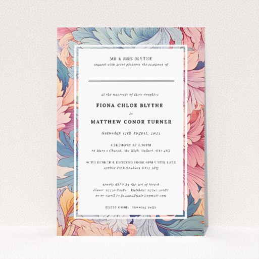 Pastel Petals Frame wedding invitation with hand-painted floral pattern in blush pinks and serene blues, framed by a navy border, perfect for a classic and romantic wedding This is a view of the front