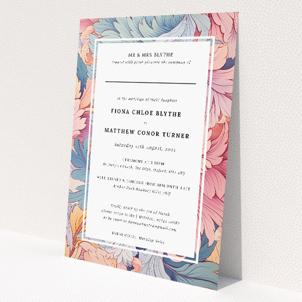 Pastel Petals Frame wedding invitation with hand-painted floral pattern in blush pinks and serene blues, framed by a navy border, perfect for a classic and romantic wedding This image shows the front and back sides together