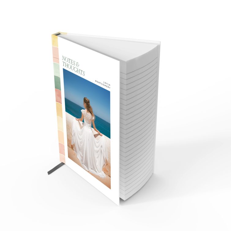 Elegant personalised notebooks design featuring colourful vertical stripes and one photo on the front cover.