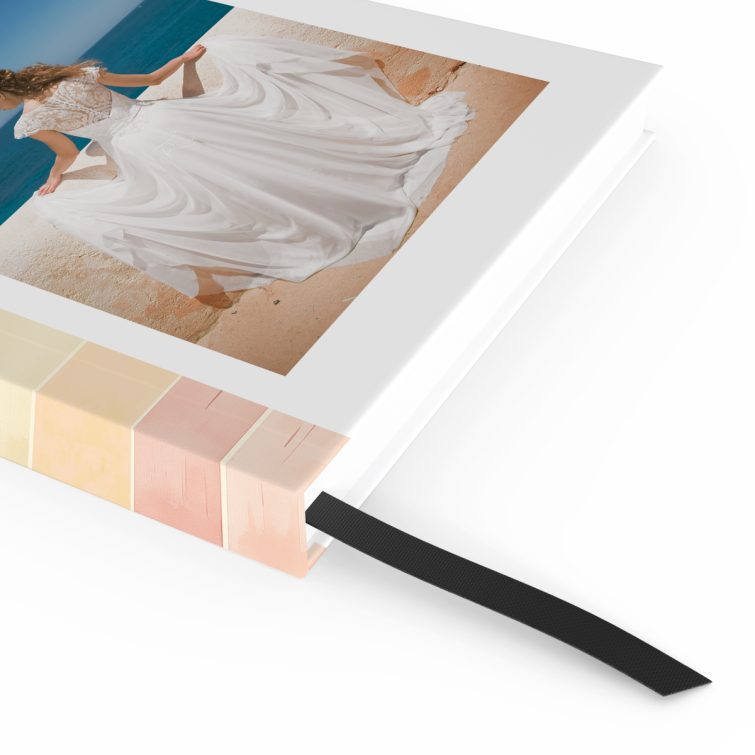 Elegant personalised notebooks design featuring colourful vertical stripes and one photo on the front cover.