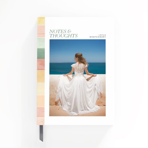 Elegant personalised notebooks design featuring colourful vertical stripes and one photo on the front cover.