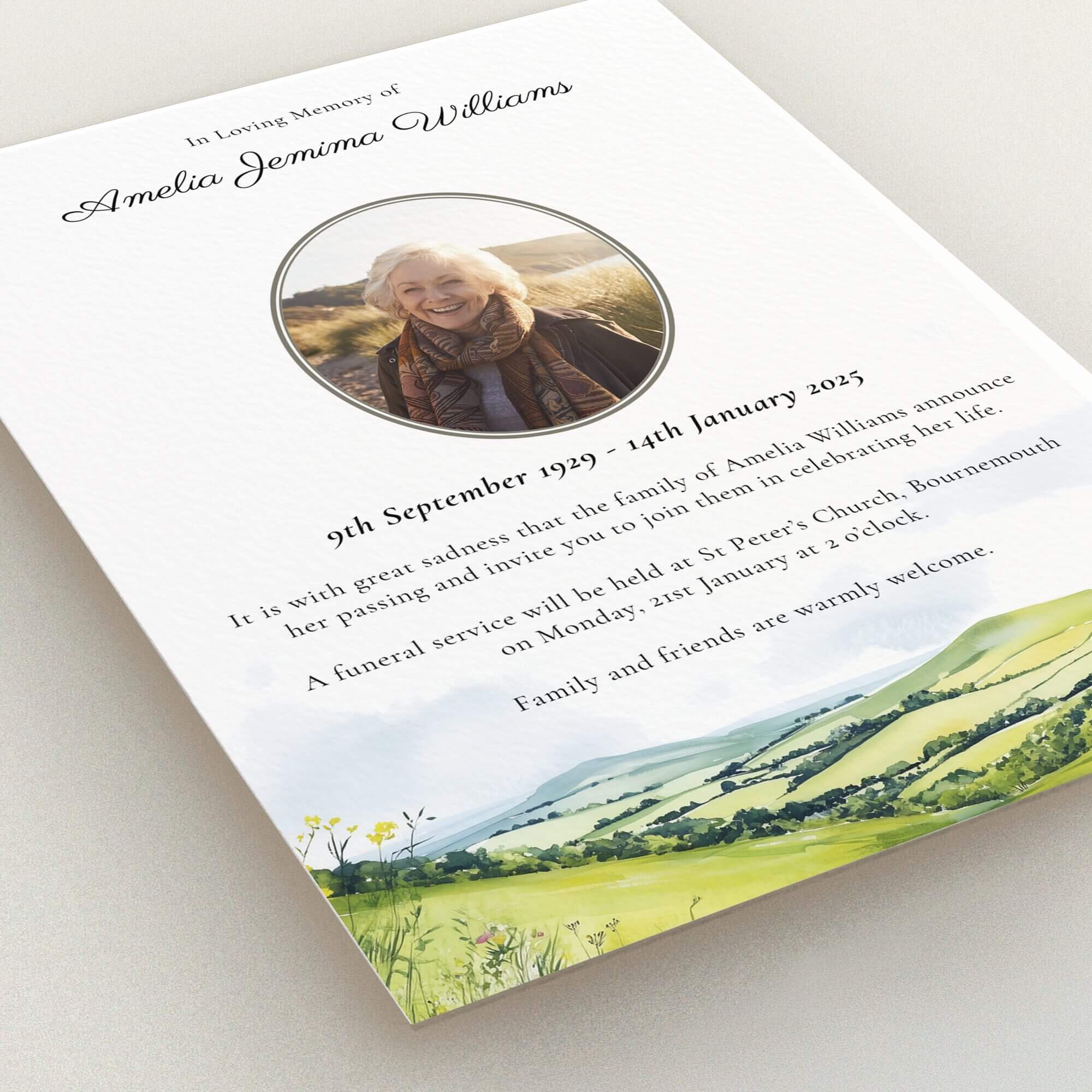 Funeral announcement design with one photo and landscape illustration featuring personalised text layout.